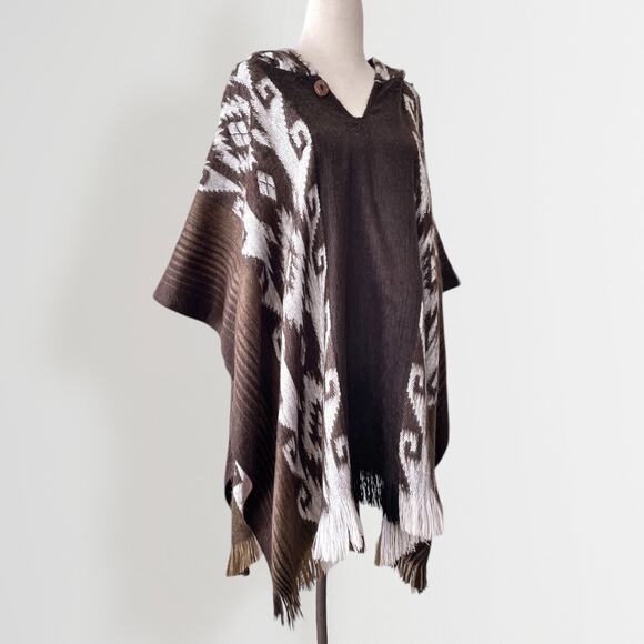 Vintage Alpaca Wool Blend Hooded Poncho Brown White One Size Aztec Boho - Picture 3 of 8